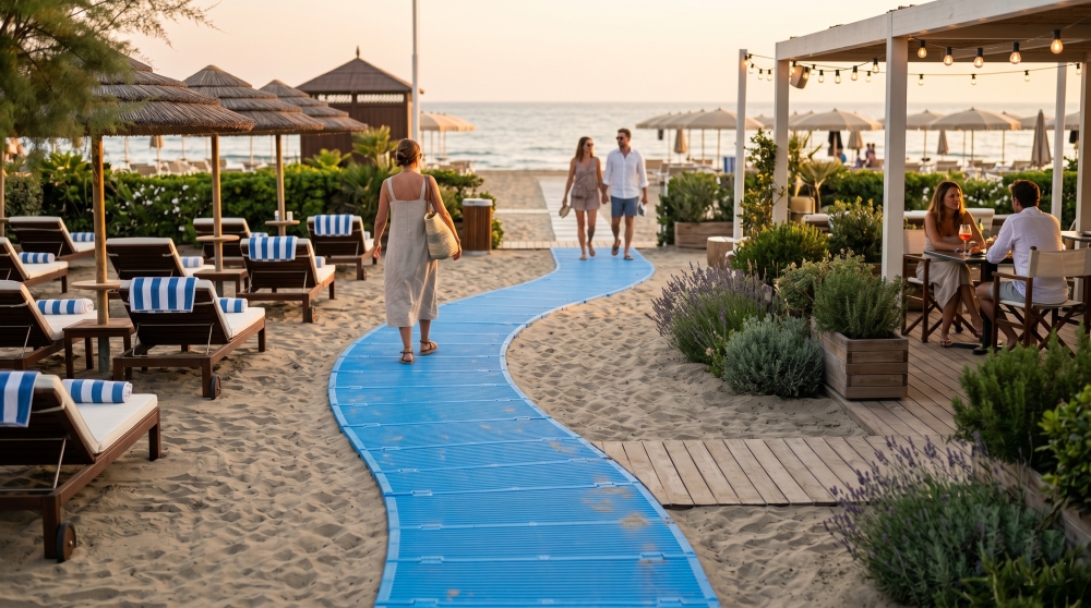 Pasarelas antideslizantes en la playa: seguridad y comodidad para clientes y turistas.