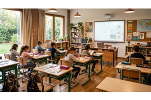 Cómo diseñar un aula funcional con pupitres, sillas y un escritorio para el profesor.