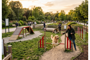 Obstáculos para perros de agilidad: túnel guiado, saltos, eslalon y herramientas de contacto.