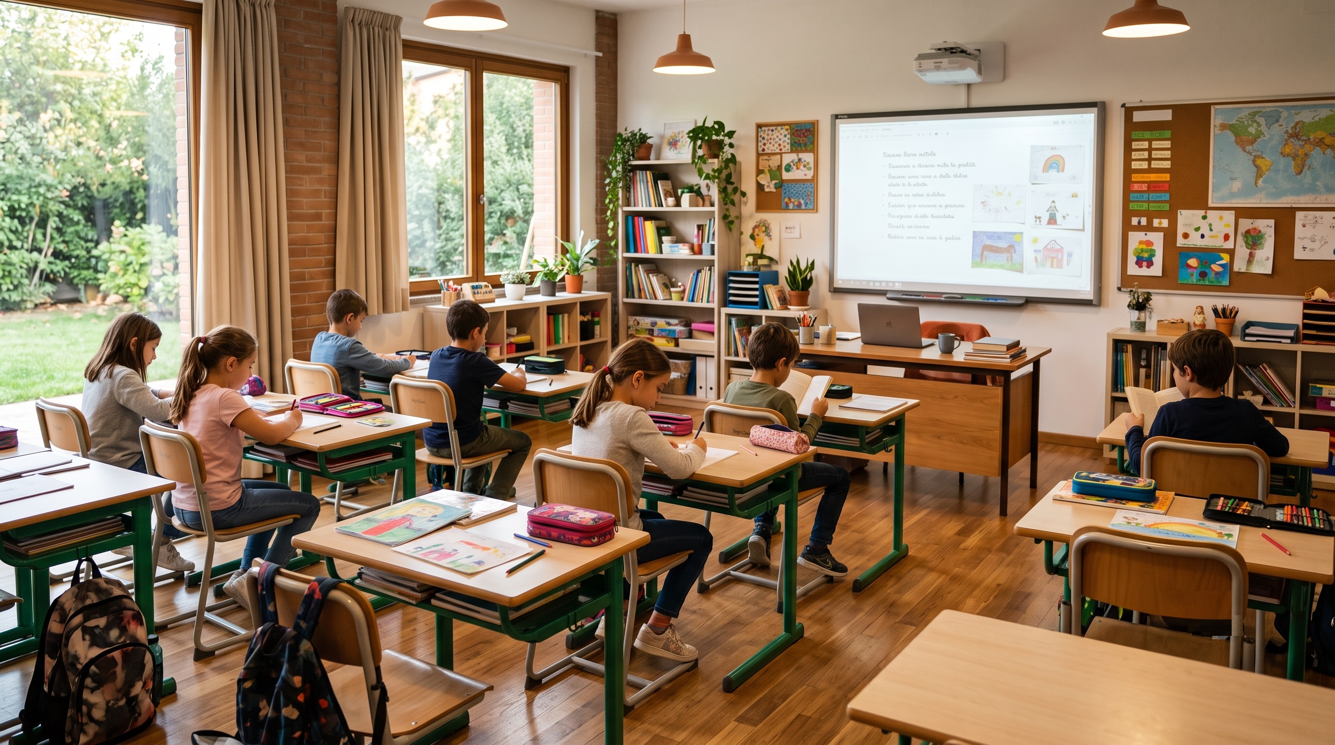 Cómo diseñar un aula funcional con pupitres, sillas y un escritorio para el profesor.