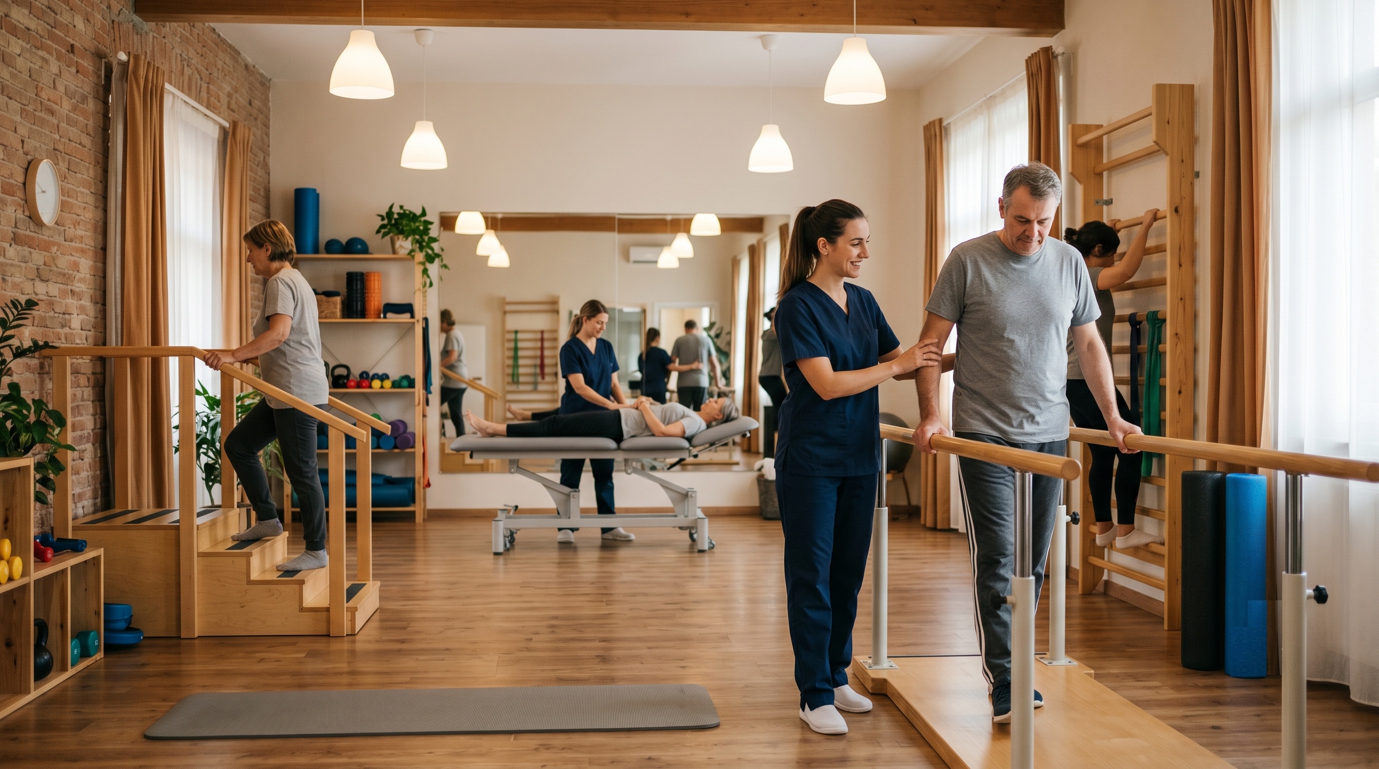 Instalación de un gimnasio de rehabilitación: organización del equipamiento y del espacio.