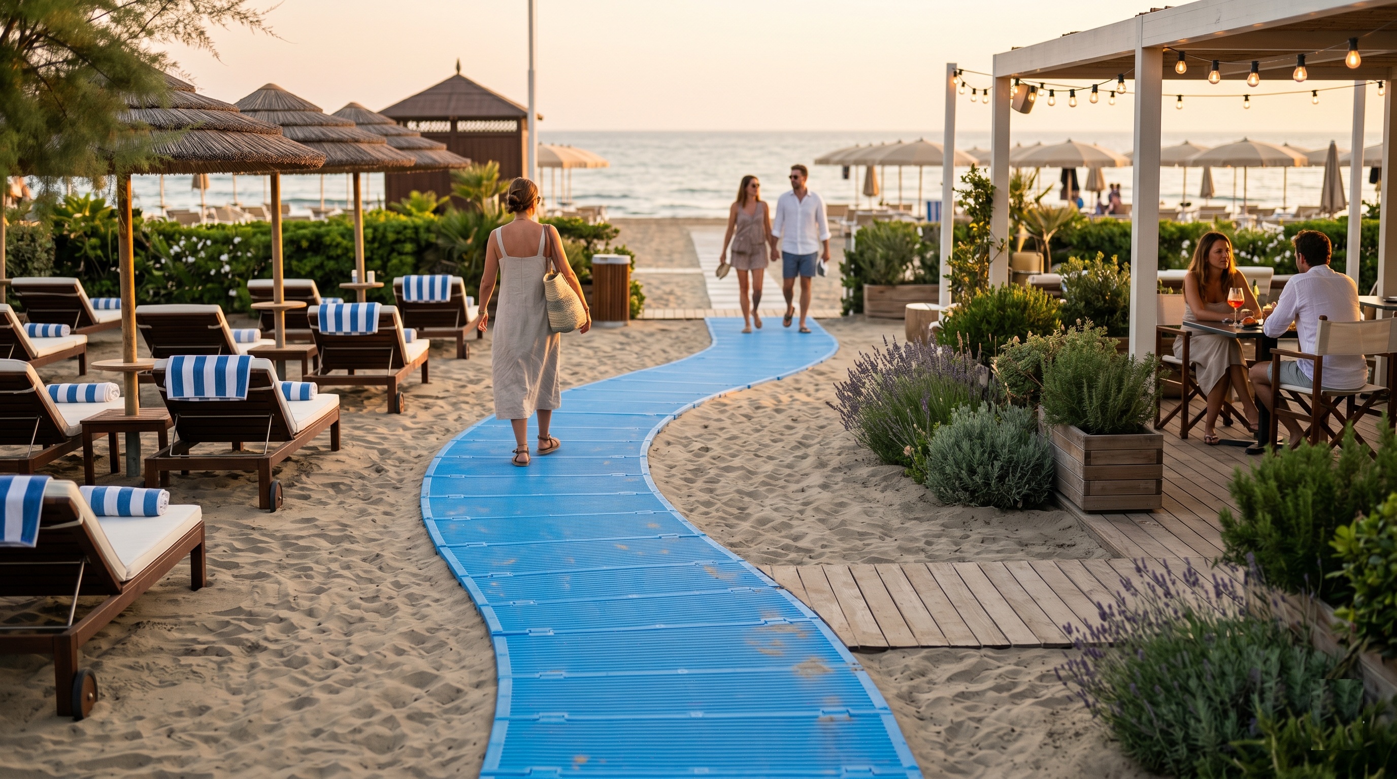 Pasarelas antideslizantes en la playa: seguridad y comodidad para clientes y turistas.