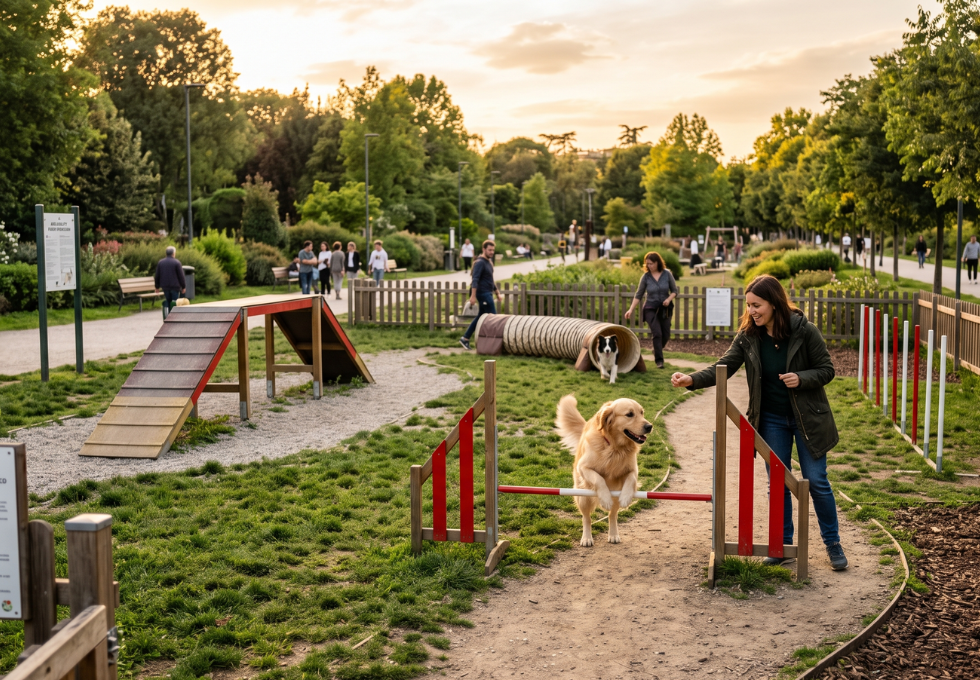 Obstáculos para perros de agilidad: túnel guiado, saltos, eslalon y herramientas de contacto.