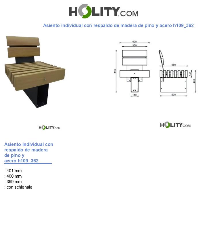 Asiento individual con respaldo de madera de pino y acero h109_362