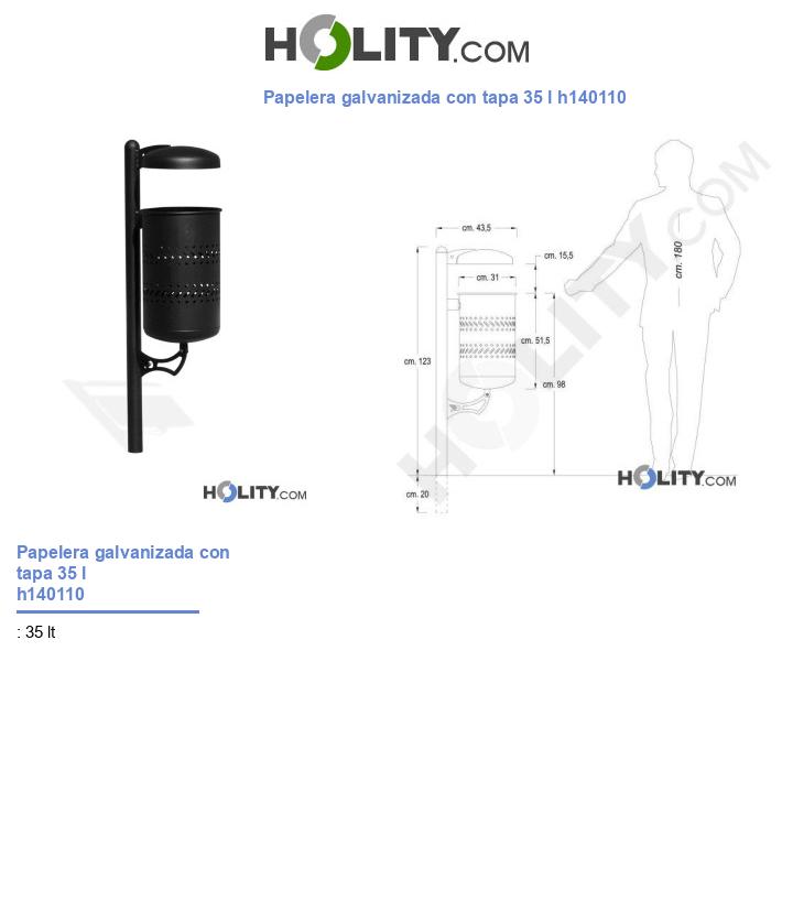 Papelera galvanizada con tapa 35 l h140110