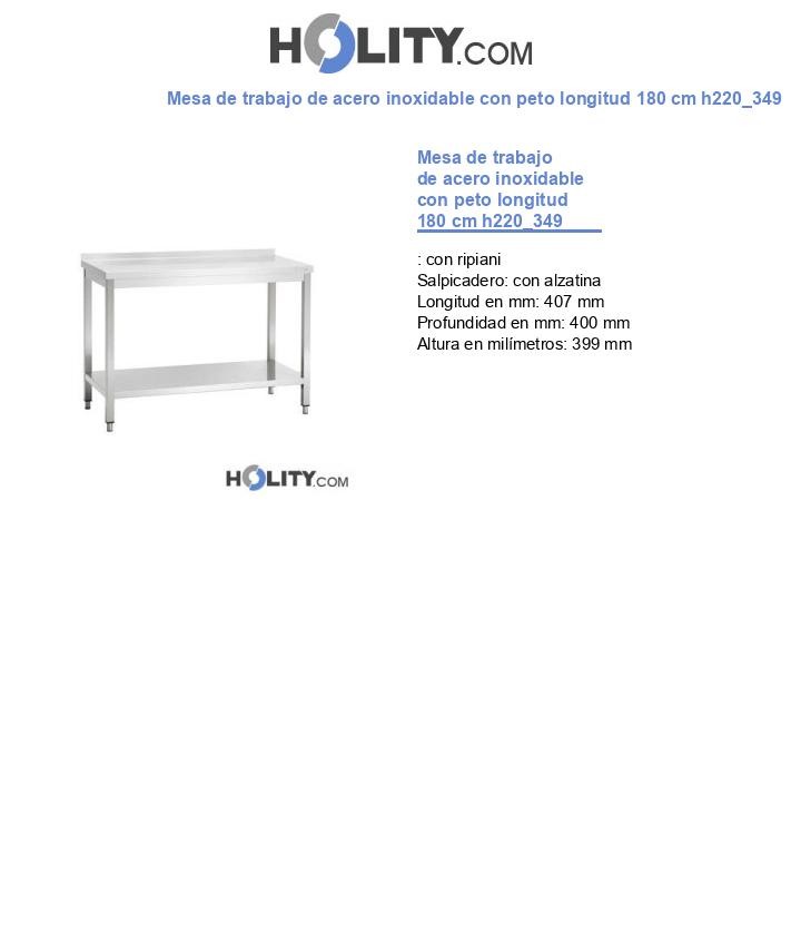 Mesa de trabajo de acero inoxidable con peto longitud 180 cm h220_349