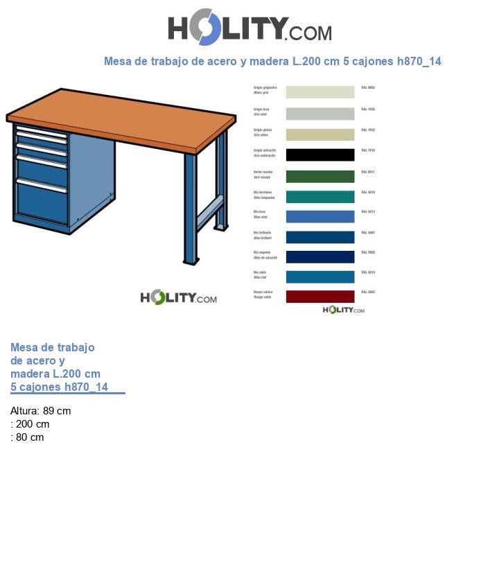 Mesa de trabajo de acero y madera L.200 cm 5 cajones h870_14