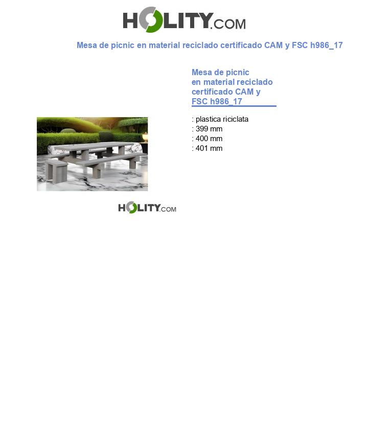 Mesa de picnic en material reciclado certificado CAM y FSC h986_17